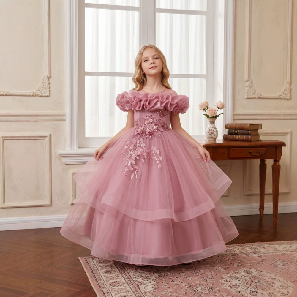 Wholesale Girls Ruffled Tulle Princess Gown with Floral Appliqué - Dusty Pink Front