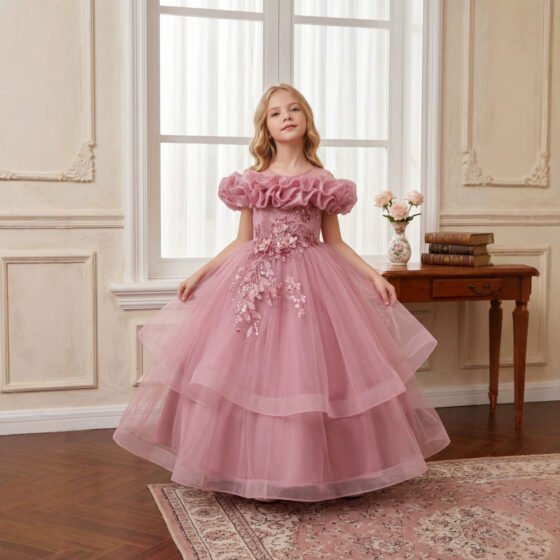 Wholesale Girls Ruffled Tulle Princess Gown with Floral Appliqué - Dusty Pink Front