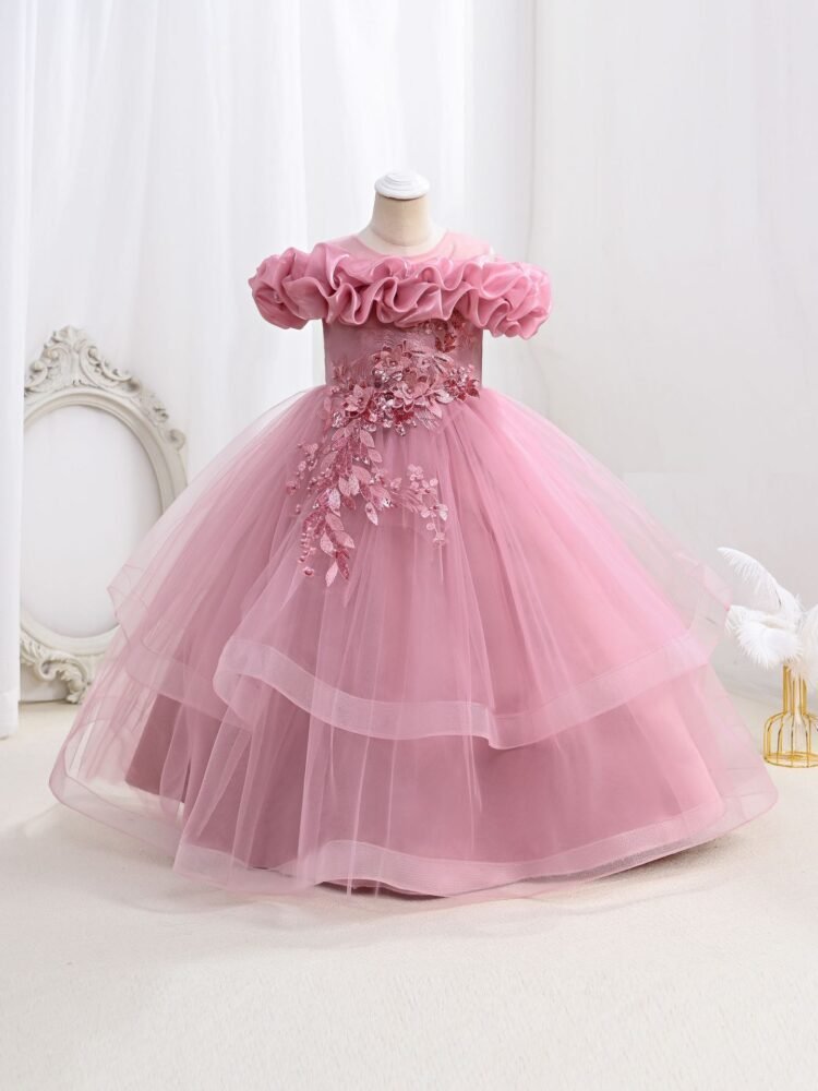 Wholesale Girls Ruffled Tulle Princess Gown with Floral Appliqué - Dusty Pink Swatch