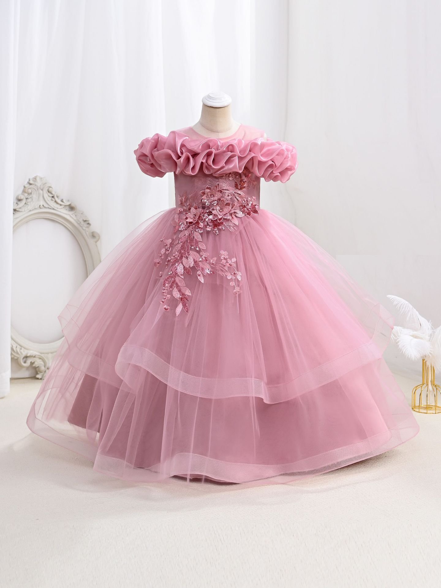 Wholesale Girls Ruffled Tulle Princess Gown with Floral Appliqué - Dusty Pink Swatch