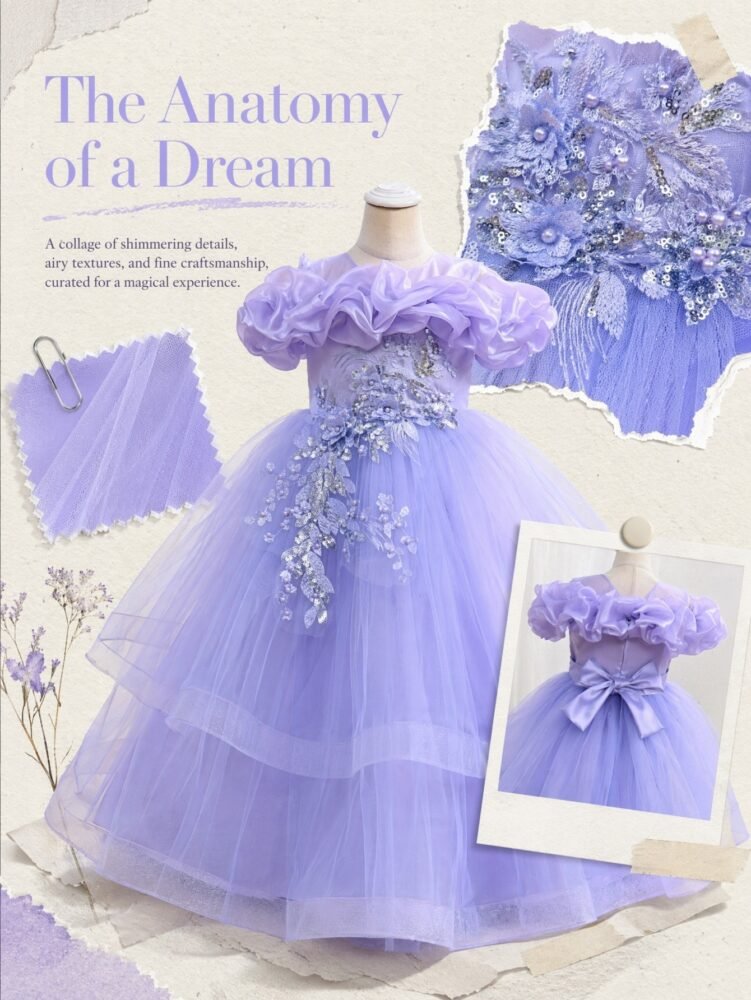 Wholesale Girls Ruffled Tulle Princess Gown with Floral Appliqué - Purple Anatomy