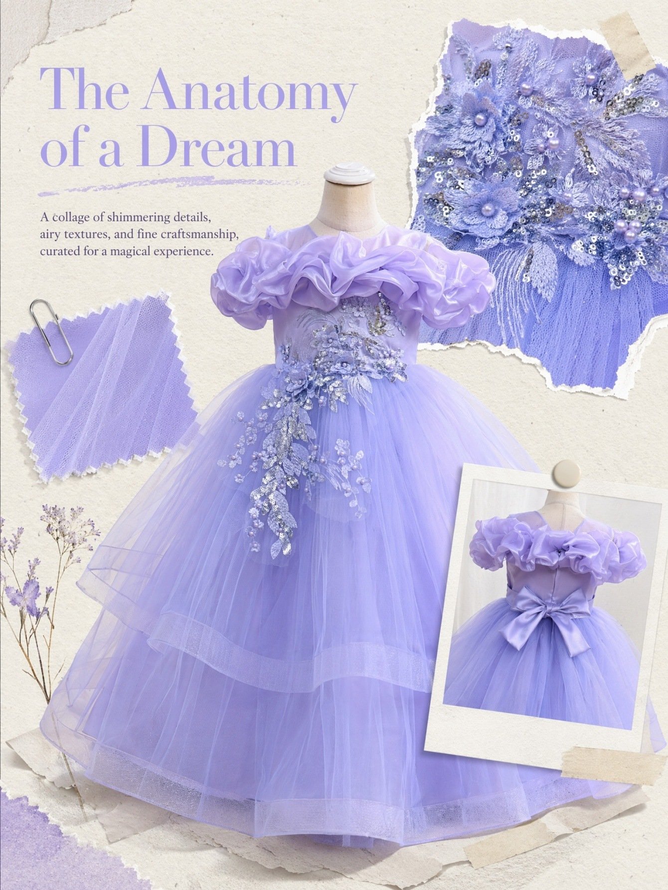 Wholesale Girls Ruffled Tulle Princess Gown with Floral Appliqué - Purple Anatomy