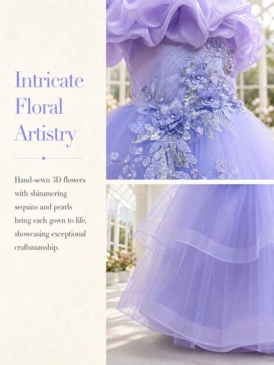 Wholesale Girls Ruffled Tulle Princess Gown with Floral Appliqué - Purple Applique Closeup