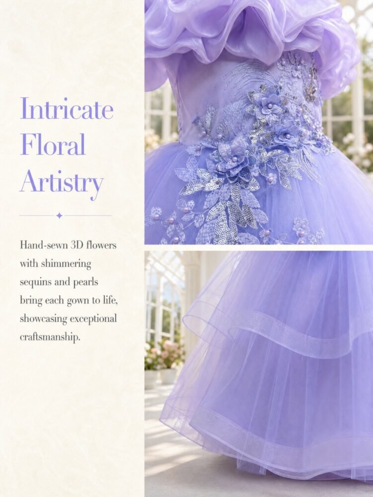 Wholesale Girls Ruffled Tulle Princess Gown with Floral Appliqué - Purple Applique Closeup