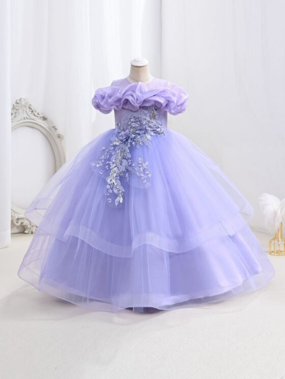 Wholesale Girls Ruffled Tulle Princess Gown with Floral Appliqué - Purple Swatch