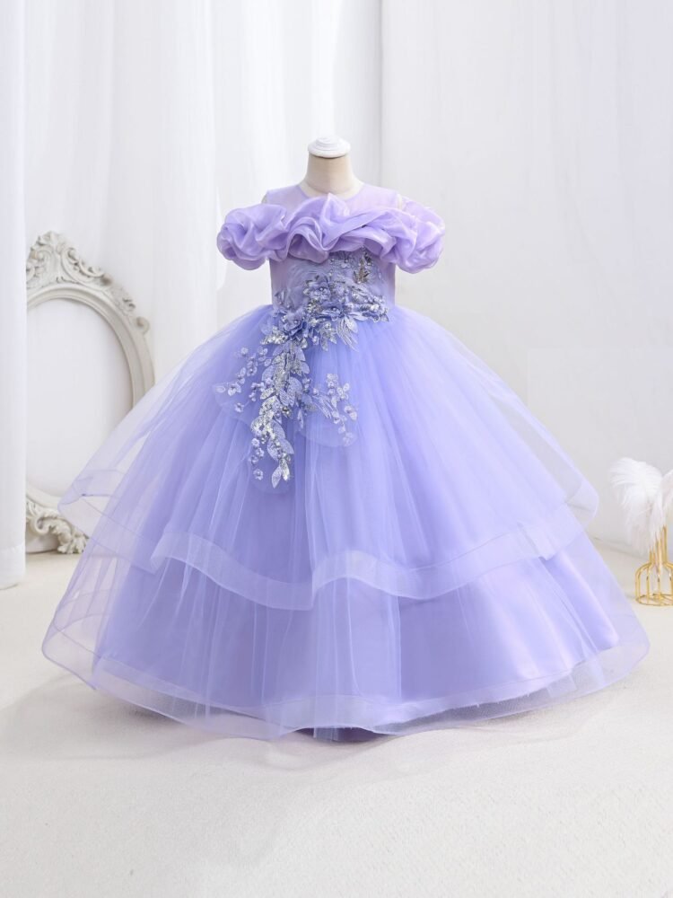 Wholesale Girls Ruffled Tulle Princess Gown with Floral Appliqué - Purple Swatch