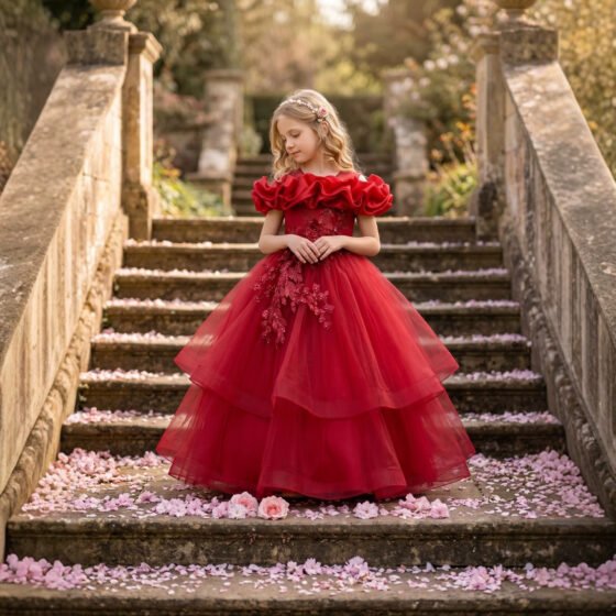 Wholesale Girls Ruffled Tulle Princess Gown with Floral Appliqué - Red Front