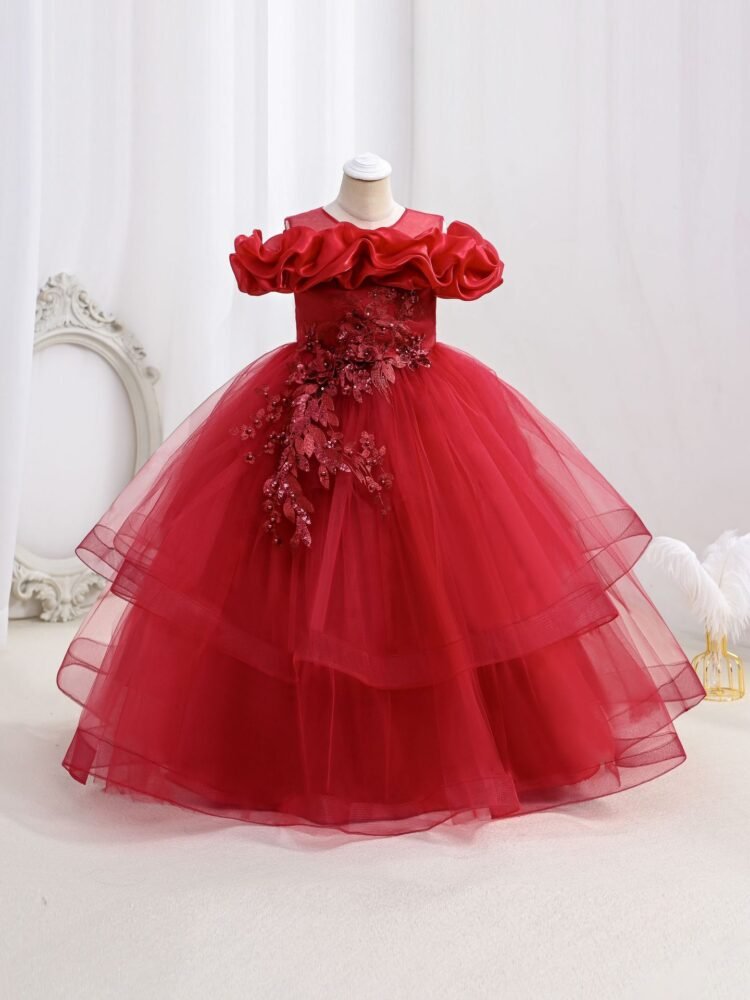 Wholesale Girls Ruffled Tulle Princess Gown with Floral Appliqué - Red Swatch