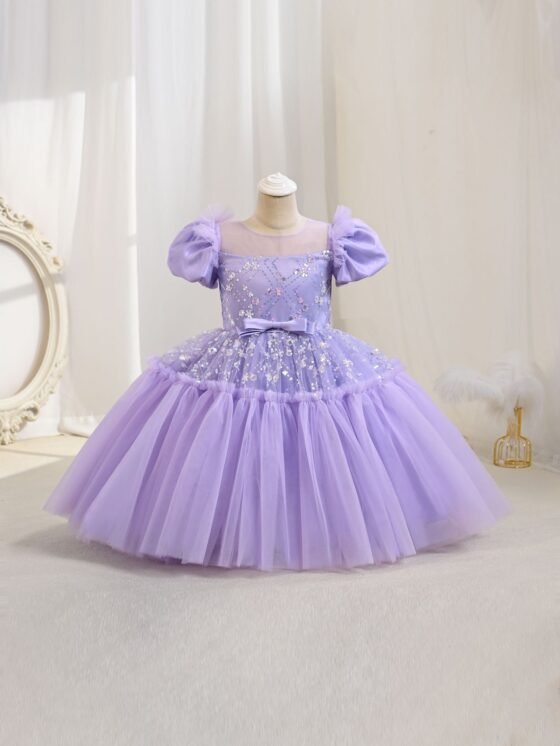 Girls tulle bow sequin princess dress — back view