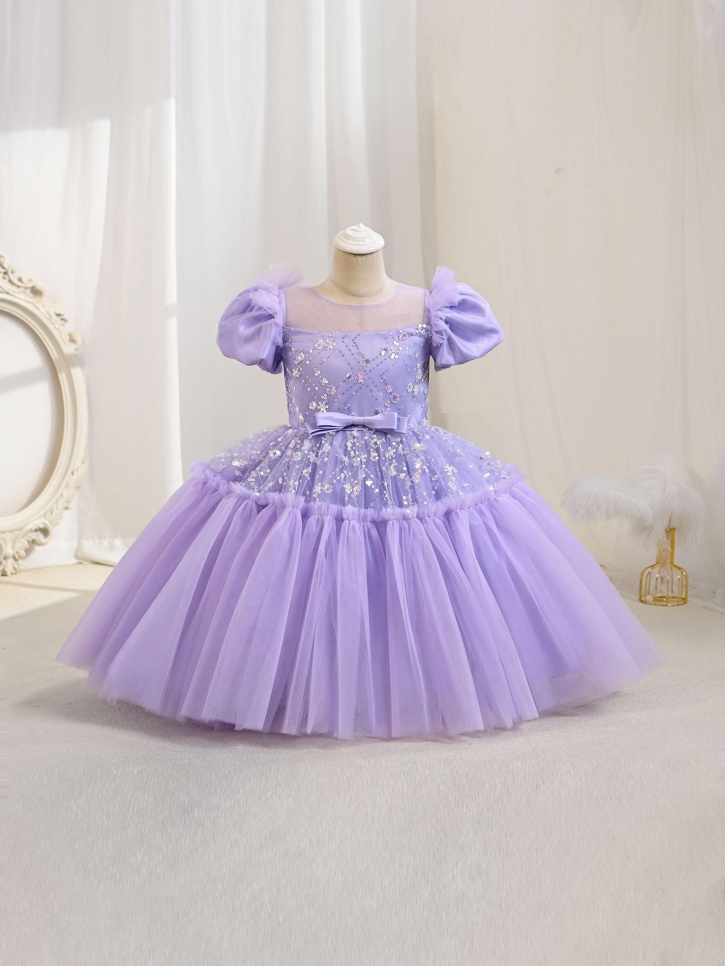 Girls tulle bow sequin princess dress — back view