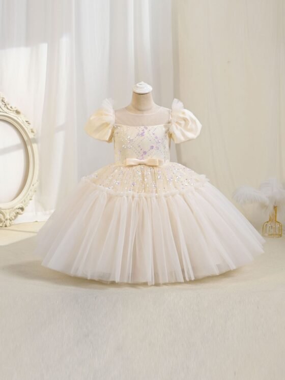 Girls tulle bow sequin princess dress — layered tulle skirt detail