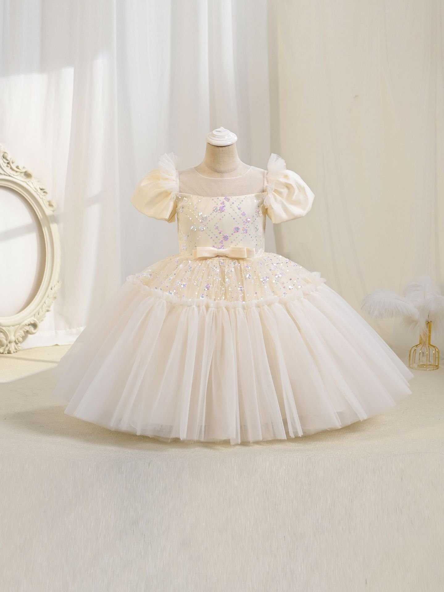 Girls tulle bow sequin princess dress — layered tulle skirt detail