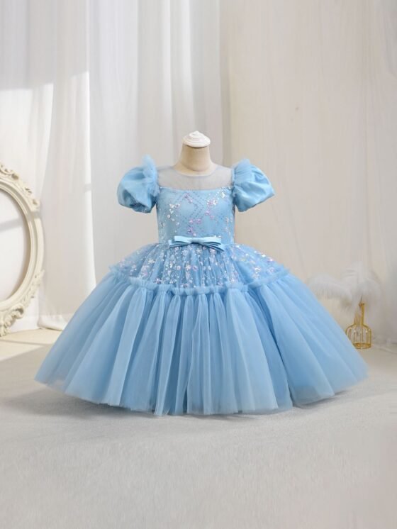 Girls tulle bow sequin princess dress — front view