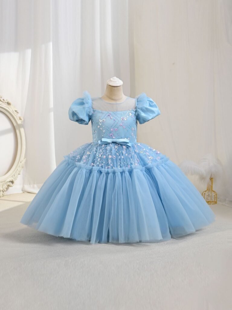 Girls tulle bow sequin princess dress — front view