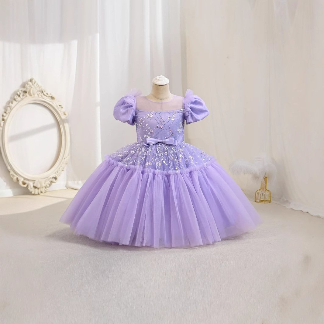 Girls tulle bow sequin princess dress — full length view