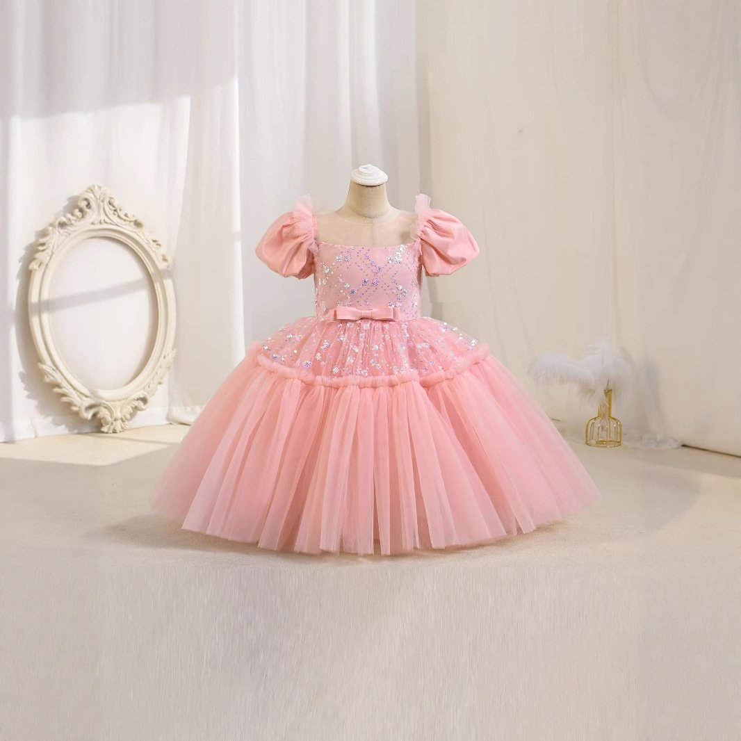 Girls tulle bow sequin princess dress in pink
