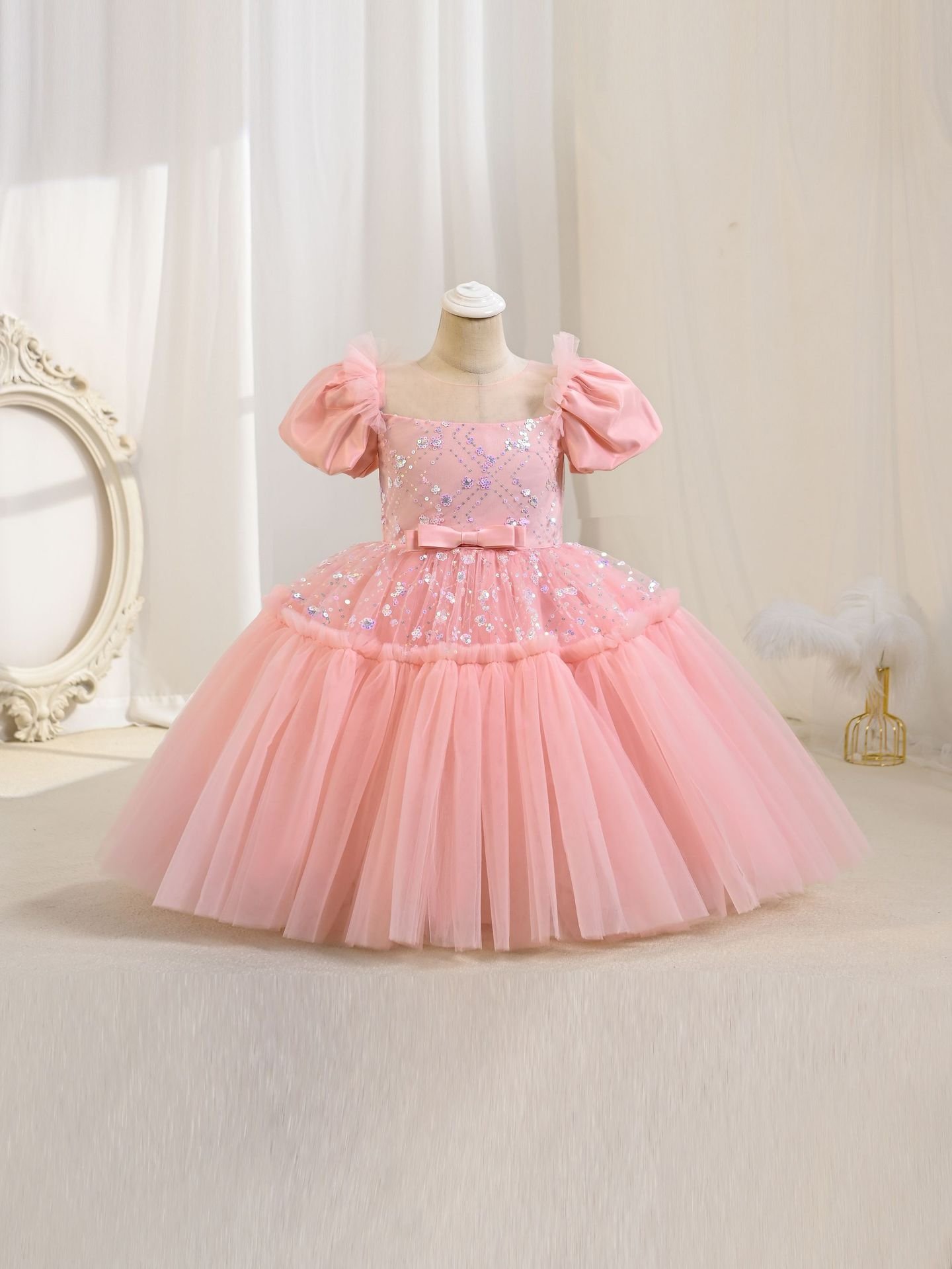 Girls tulle bow sequin princess dress — side view