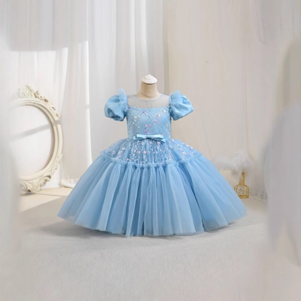 Girls tulle bow sequin princess dress in sky blue