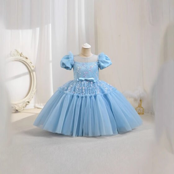 Girls tulle bow sequin princess dress in sky blue