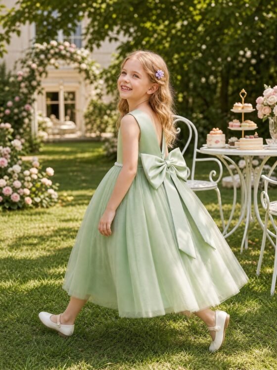 Green sleeveless lace waist tulle dress for girls — detail view 1