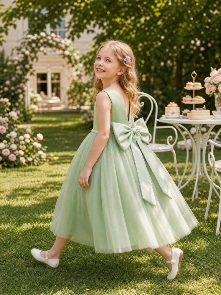Green sleeveless lace waist tulle dress for girls — detail view 1