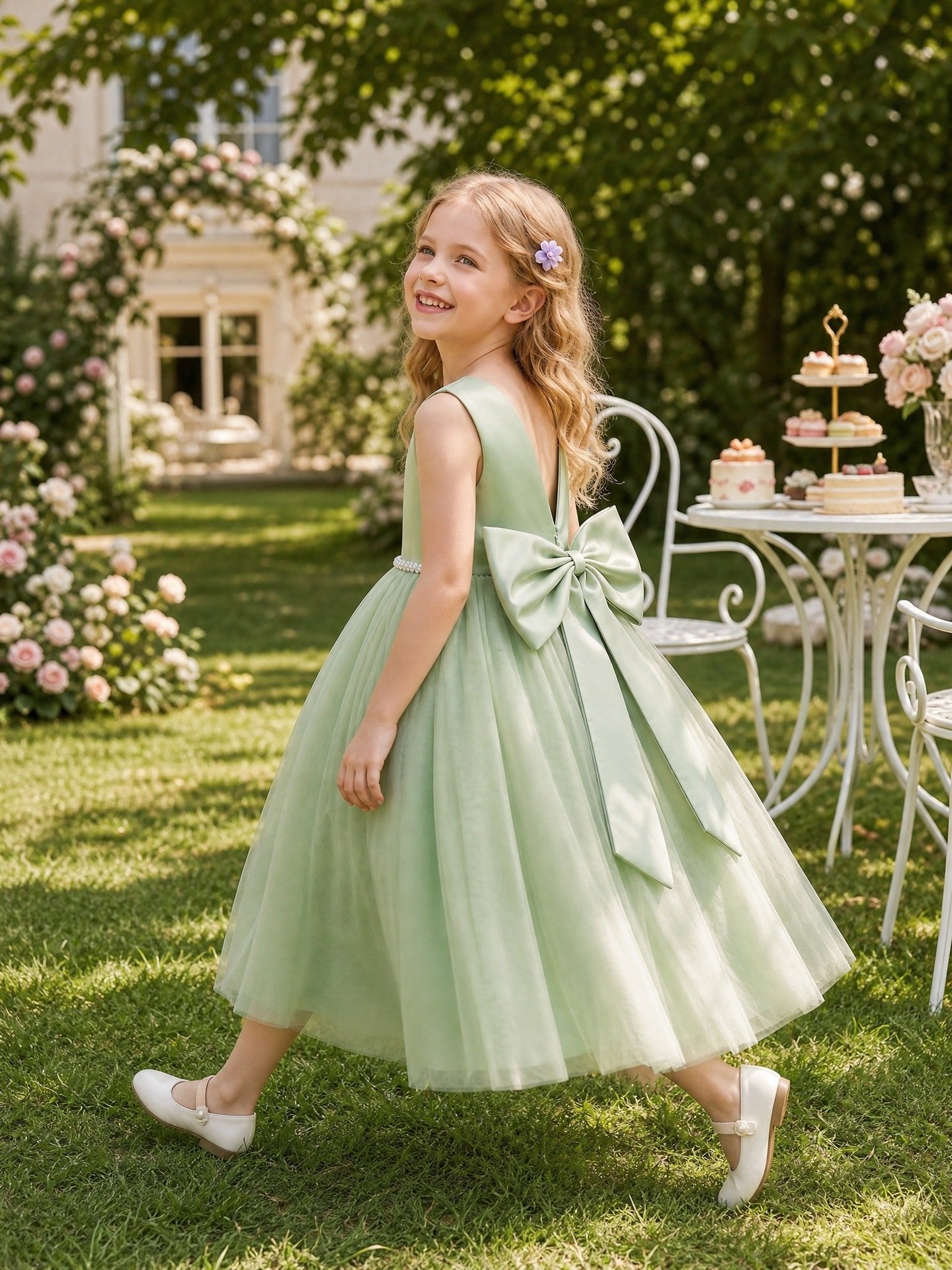 Green sleeveless lace waist tulle dress for girls — detail view 1