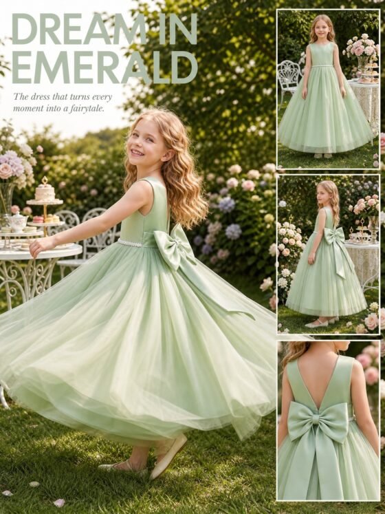 Green sleeveless lace waist tulle dress for girls — detail view 2