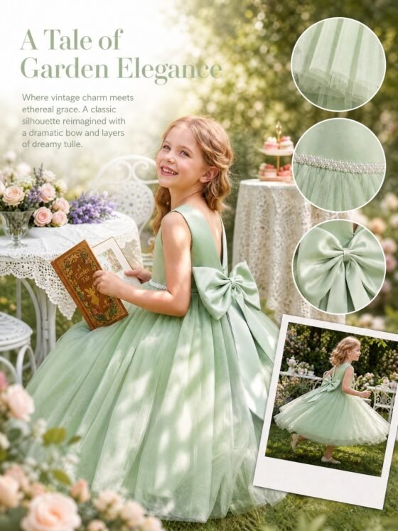 Green sleeveless lace waist tulle dress for girls — detail view 3