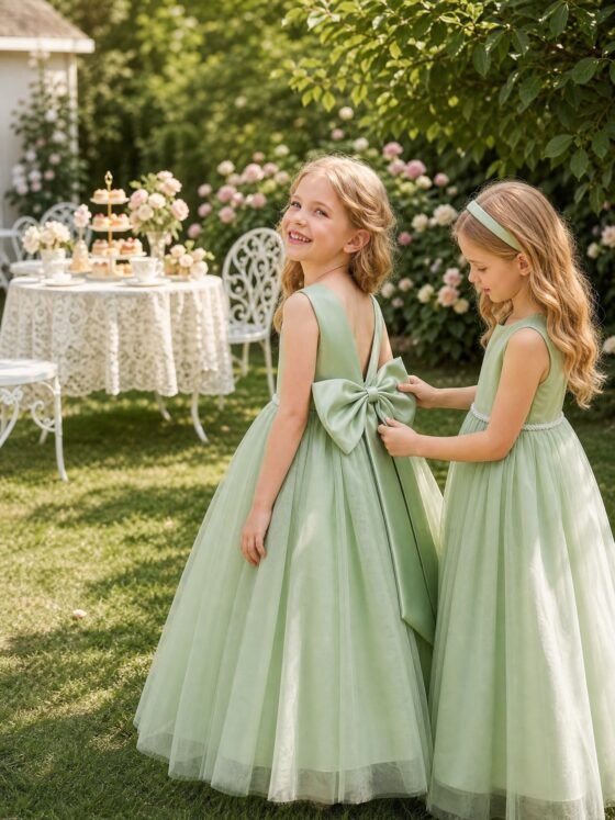 Green sleeveless lace waist tulle dress for girls — detail view 4