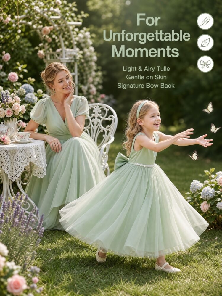 Green sleeveless lace waist tulle dress for girls — detail view 5