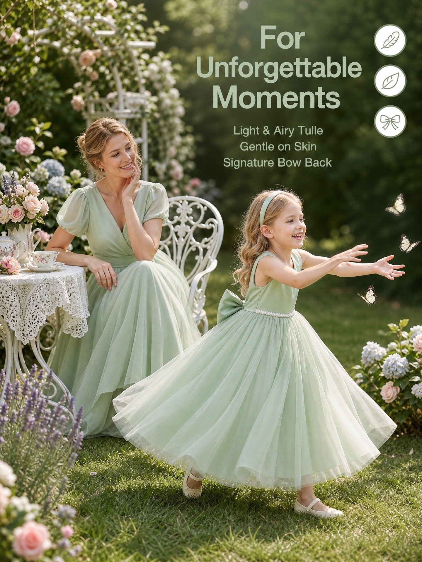 Green sleeveless lace waist tulle dress for girls — detail view 5