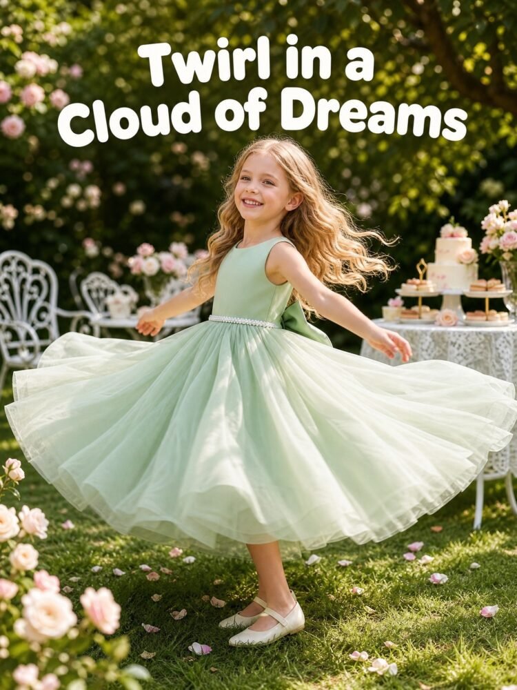 Green sleeveless lace waist tulle dress for girls — detail view 6