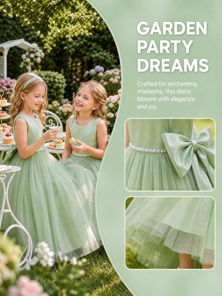Green sleeveless lace waist tulle dress for girls — detail view 7