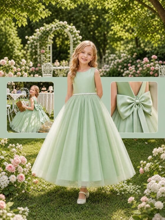 Green sleeveless lace waist tulle dress for girls — detail view 8