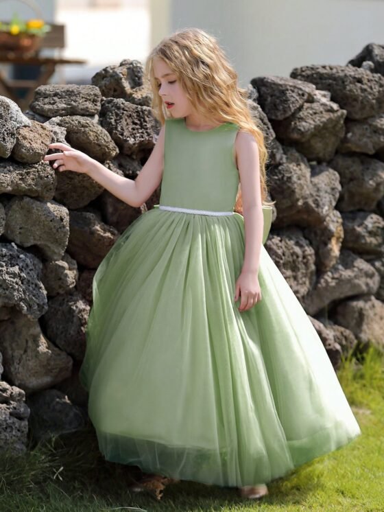 Green sleeveless lace waist tulle dress for girls — main view 1