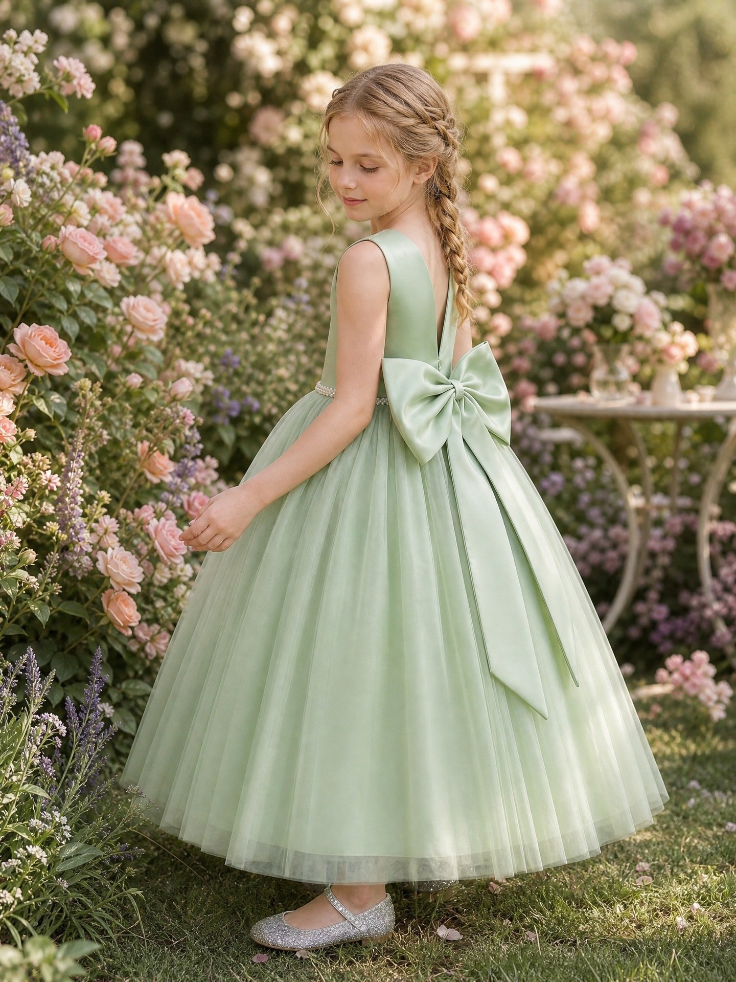 Green sleeveless lace waist tulle dress for girls — main view 2