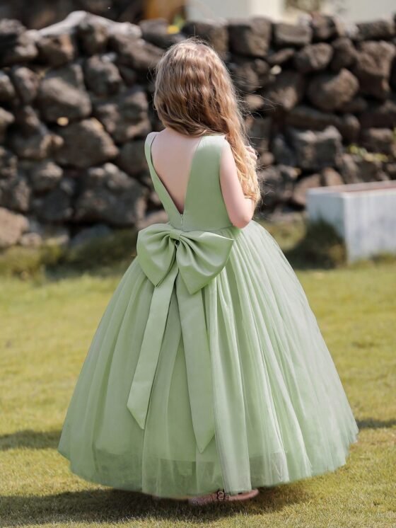 Green sleeveless lace waist tulle dress for girls — main view 3