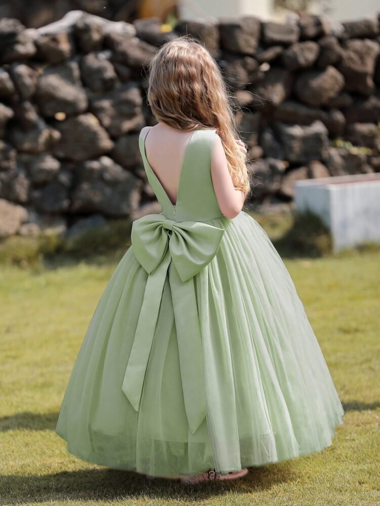 Green sleeveless lace waist tulle dress for girls — main view 3