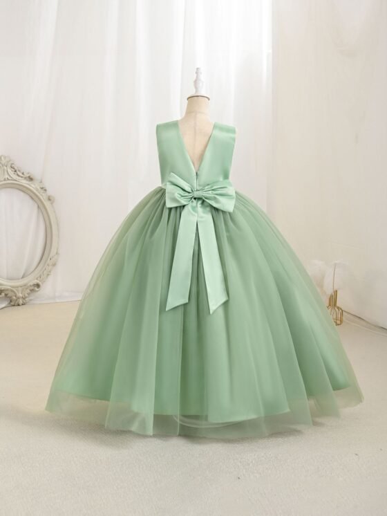 Green sleeveless lace waist tulle dress for girls — main view 4