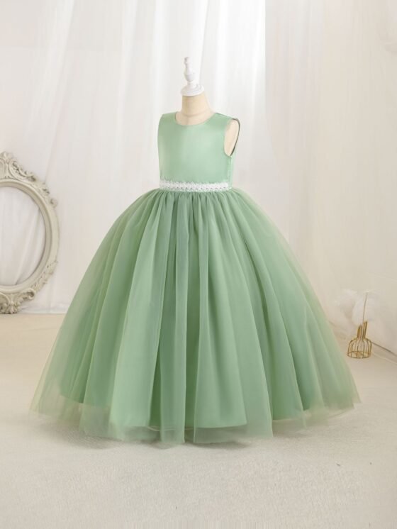 Green sleeveless lace waist tulle dress for girls — main view 5