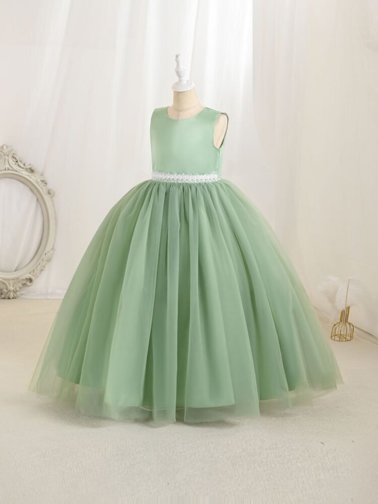 Green sleeveless lace waist tulle dress for girls — main view 5