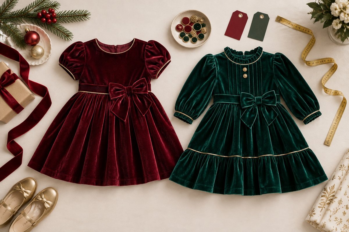 Burgundy and emerald velvet girls dresses arranged for holiday range planning