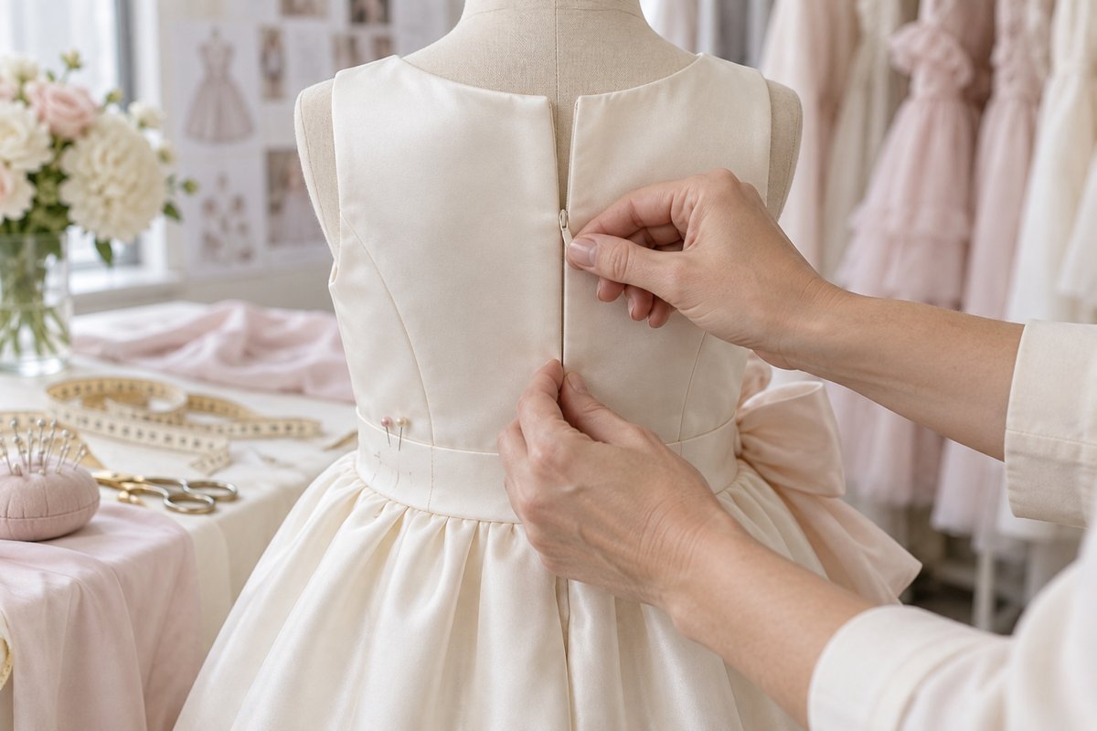 Invisible Zipper Sample-Room Fitting Invisible zipper being tested on a girls dress sample-room mannequin during fitting