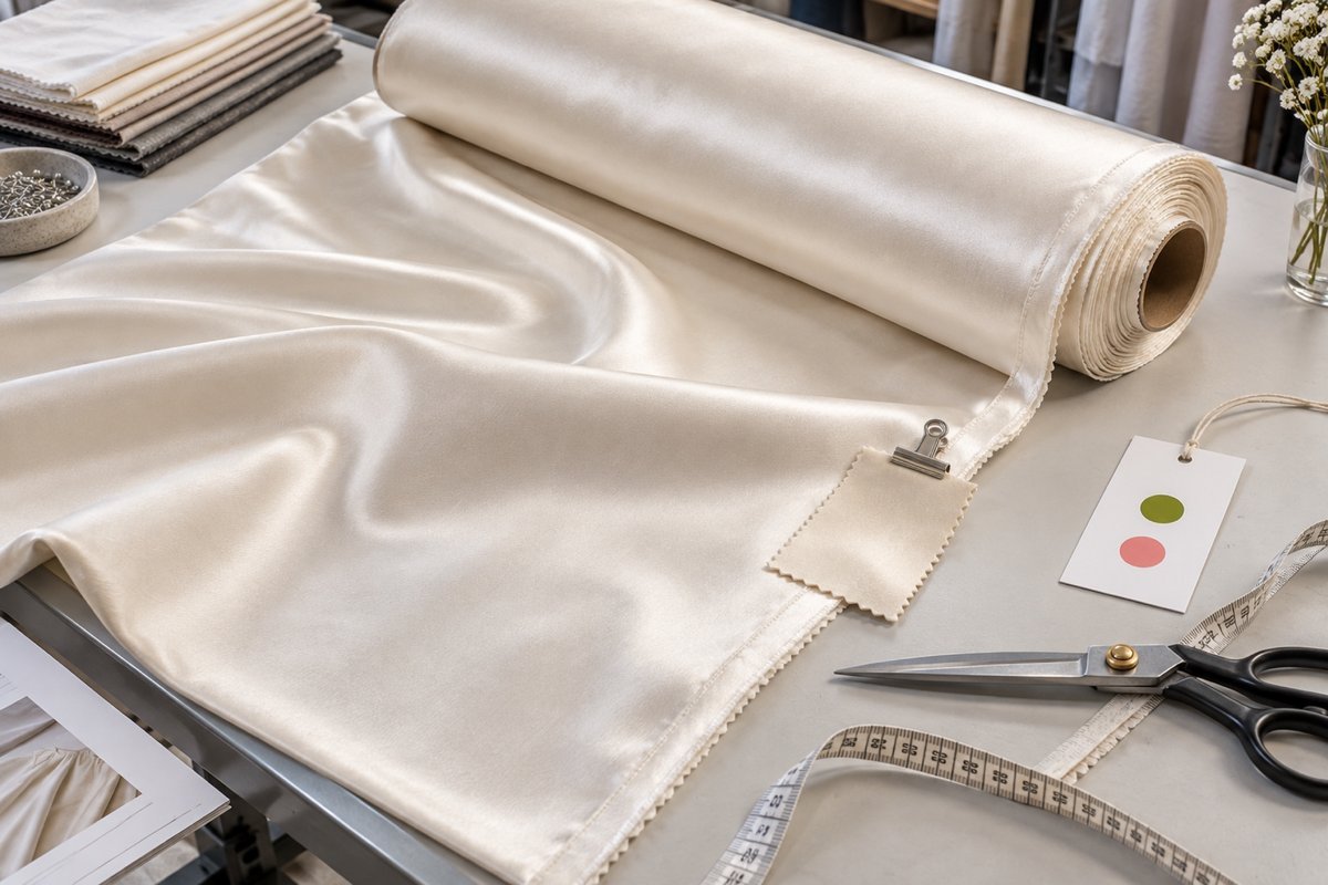 Ivory Satin Roll Lot Approval Ivory satin roll with an approved swatch and blank lot-control tag in a fabric store