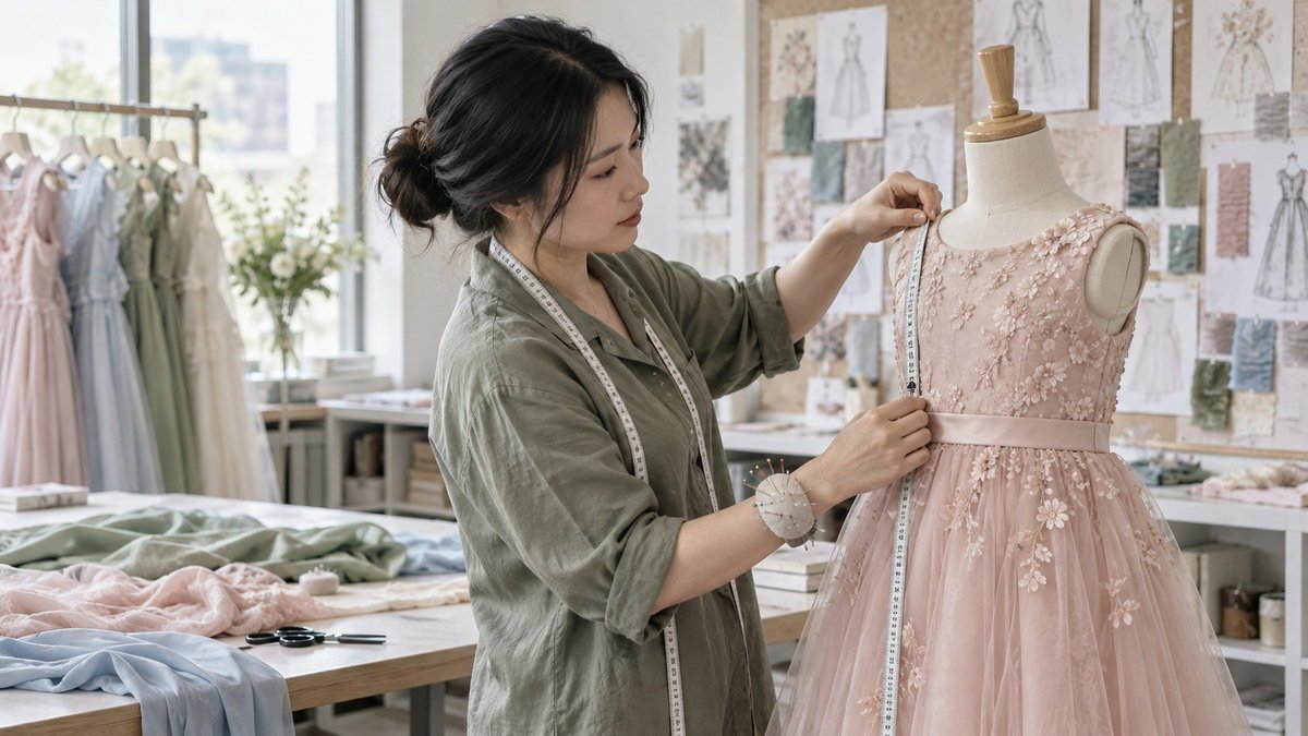 Junior Bridesmaid Fit Measurement Adult East Asian technician measuring a junior bridesmaid dress sample