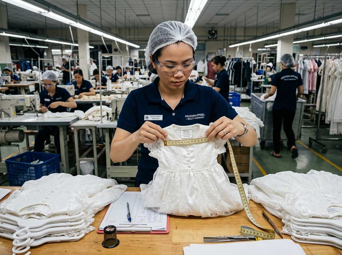 Kids clothing quality inspection checking stitching and size in factory