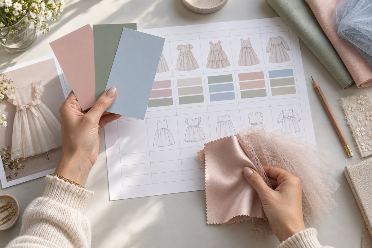 Buyer comparing pastel color cards and fabric swatches with a girls dress range plan