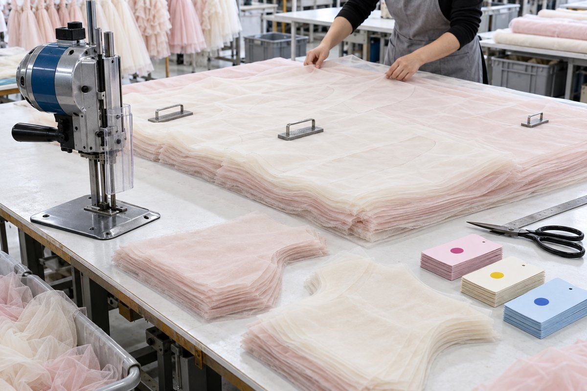 Layered Tulle Bulk Cutting Multiple layers of pastel tulle prepared for bulk cutting in a garment factory