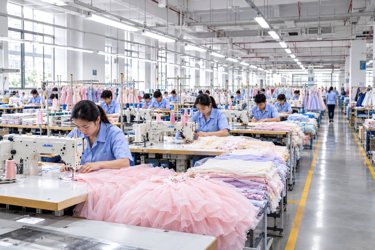 Adult garment operator sewing layered tulle at an industrial machine in a dress factory