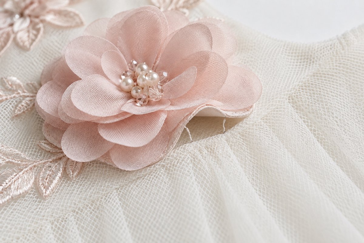 Lifting Flower Applique Defect Flower applique lifting away from ivory tulle with loose attachment stitches
